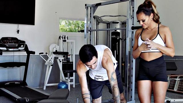 Sportive gym mature rammed by personal trainer