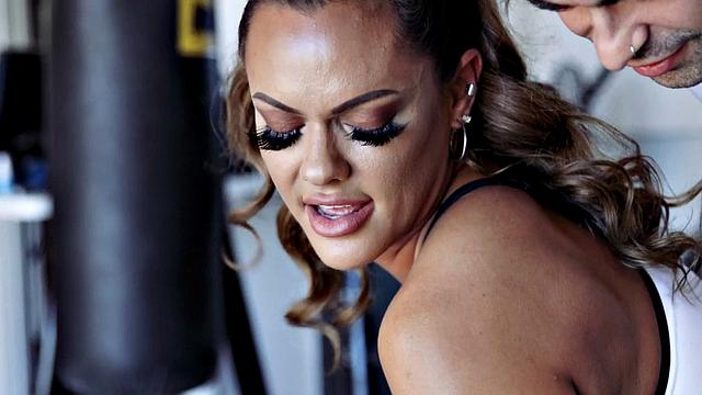 Sportive gym mature rammed by personal trainer