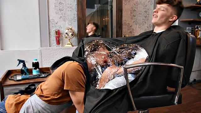 Hair stylist fucked by twink in salon after blowjob