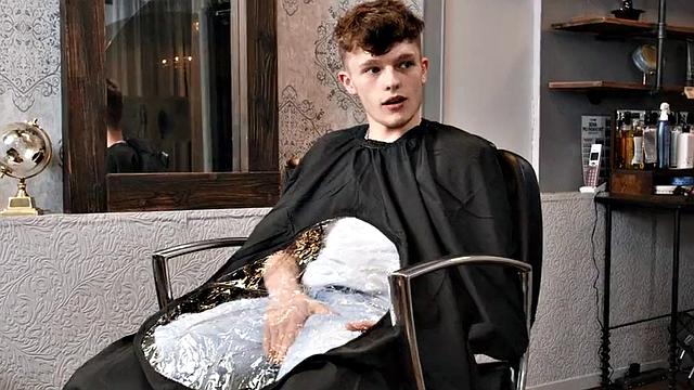 Hair stylist fucked by twink in salon after blowjob