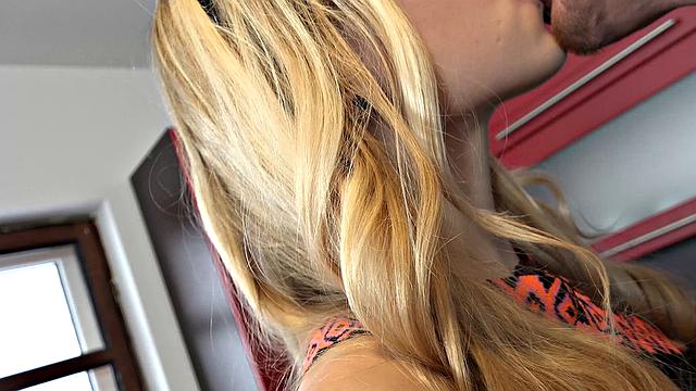 Kitchen fun for a slutty small-boobed blondie