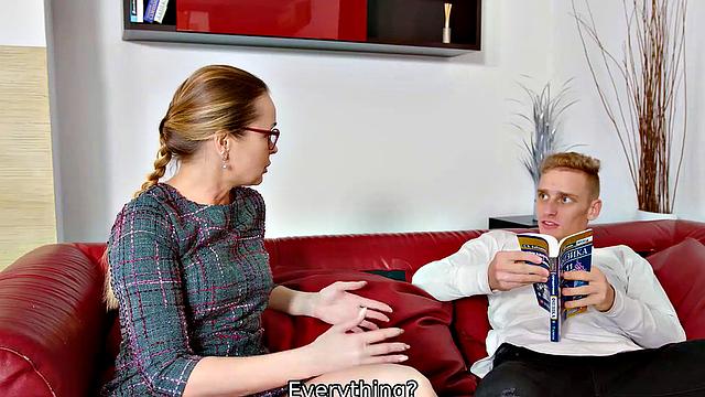 TUTOR4K. Handsome heartbreaker fucks the physics tutor on red couch