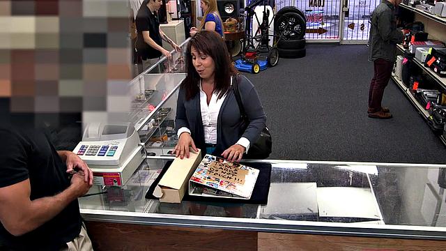 Pawnshop milf cocksucking before facial in the back