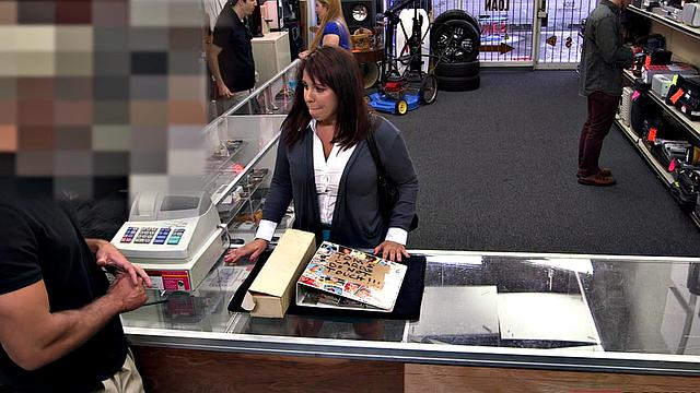 Pawnshop milf cocksucking before facial in the back