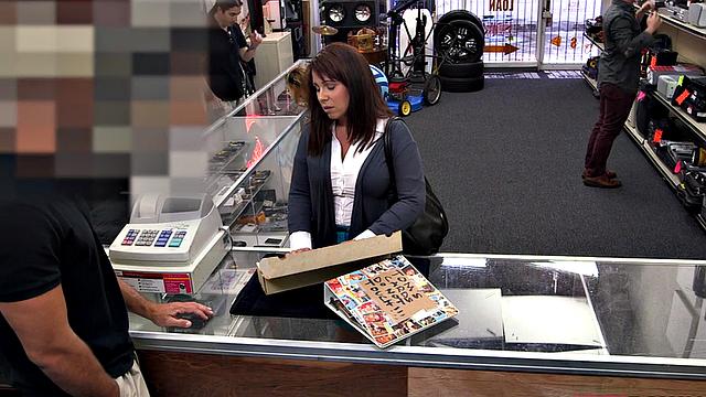 Pawnshop milf cocksucking before facial in the back