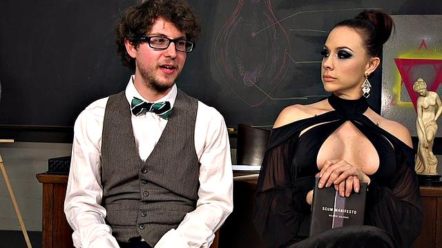 Classroom domina pegs college sub in BDSM session