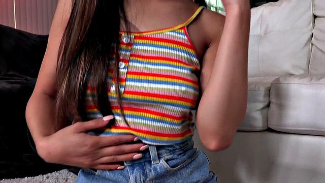 Sweet asian amateur spoils guy with HJ as she rubs her pussy