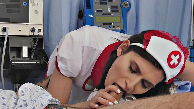 TS nurse in fishnets bareback assdrilled by patient