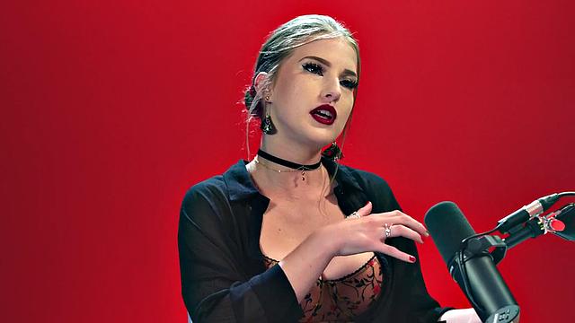 Big-titted babe solo masturbating after podcast