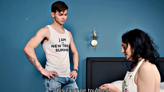 Experience the ultimate humiliation as a bald MILF in stockings begs for a wet pussy