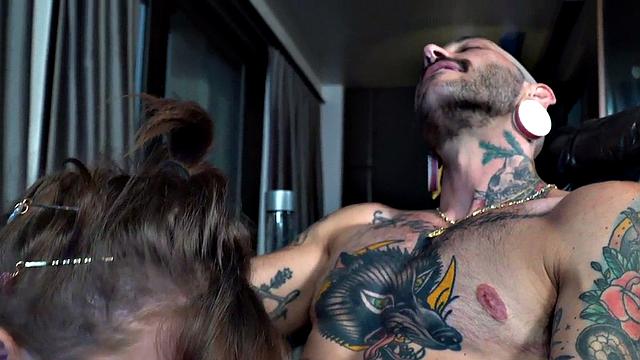 Tattooed MTF pussyboy gets licked by She MILF