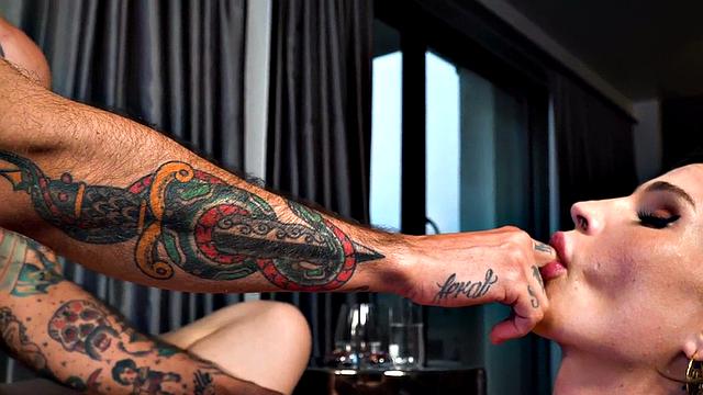 Tattooed MTF pussyboy gets licked by She MILF