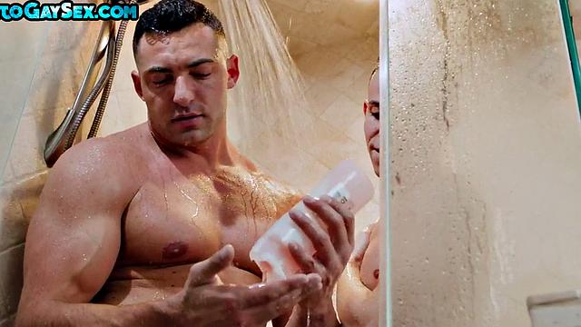 Skinny twink gets plowed by handsome stud after shower BJ