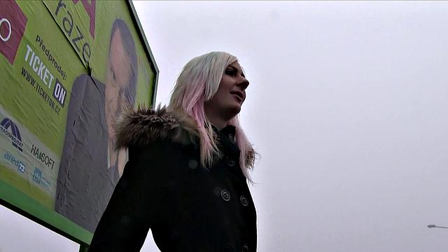 Hot Pink-haired cutie shows off her pink pussy to stranger