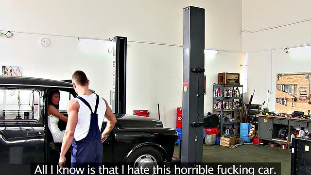 Garage babe gets dirty with a big cock in reverse cowgirl & handjob frenzy