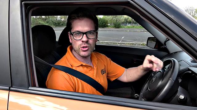 Blonde soldier takes on two cocks in a wild car ride