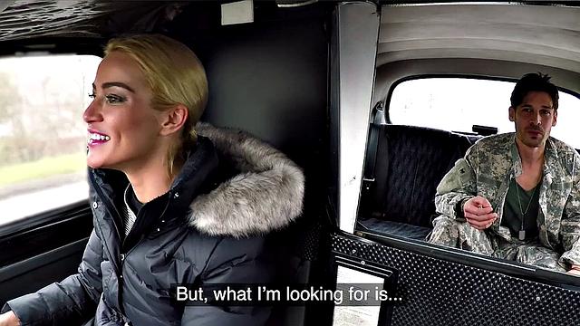 Blonde soldier takes on two cocks in a wild car ride