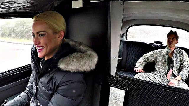 Blonde soldier takes on two cocks in a wild car ride