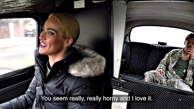 Blonde soldier takes on two cocks in a wild car ride