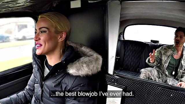 Blonde soldier takes on two cocks in a wild car ride