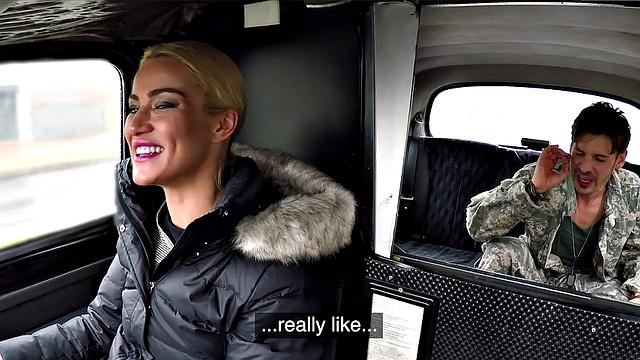 Blonde soldier takes on two cocks in a wild car ride