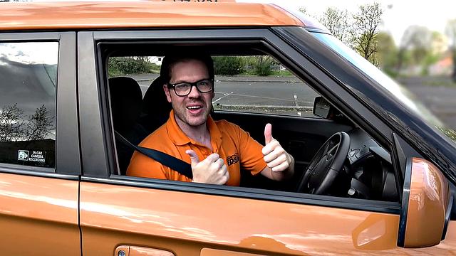 Blonde soldier takes on two cocks in a wild car ride