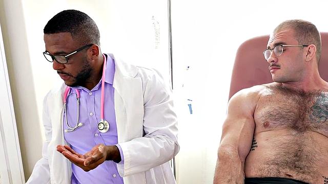 Muscle Black doctor jerks cock of muscled hunk