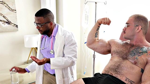 Muscle Black doctor jerks cock of muscled hunk