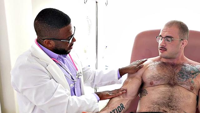 Muscle Black doctor jerks cock of muscled hunk