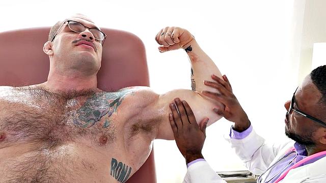 Muscle Black doctor jerks cock of muscled hunk
