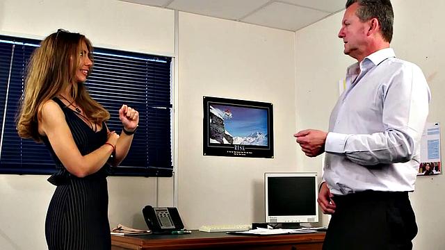 Fem MILF seduces naked guy to stroke dick in office