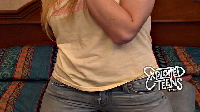 Tall leggy blonde with D-cup tits makes her first fuck video