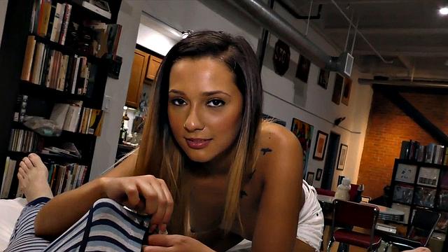 Tugging POV babe with pierced nipples jerks and talks sexy