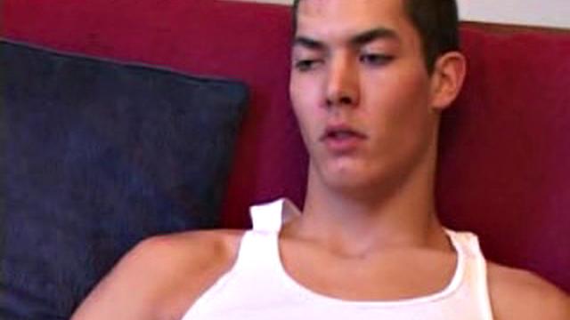 Brennan Stark pulls out his hard cock, beats off with determination, and releases a sizable load all over his chest.