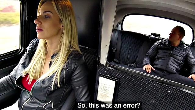 Busty blonde cabbie rides passengers dick after blowjob