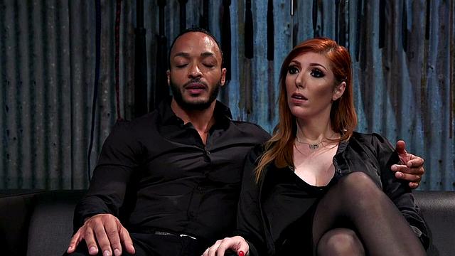 Strapon domina in leather lingerie fucks Black sub's ass