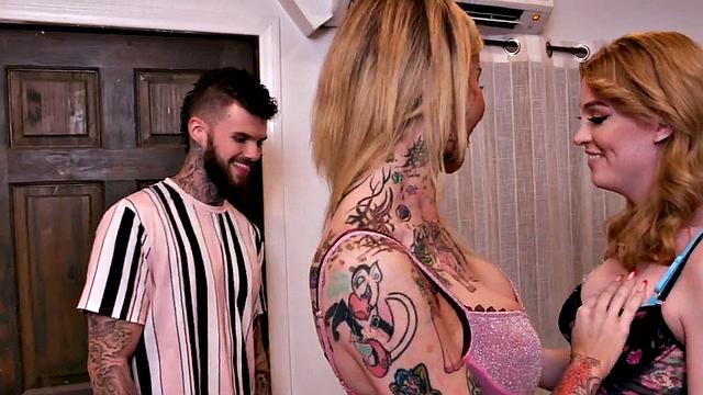 Shemale tattooed MILFs barebacking 3some with guy