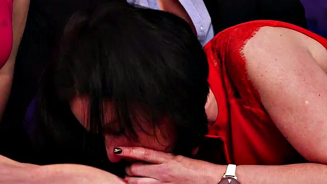 CFNM femdom ladies deepthroat in group oral action