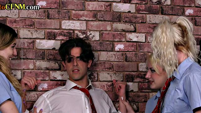 CFNM college ladies suck student's cock in meeting room