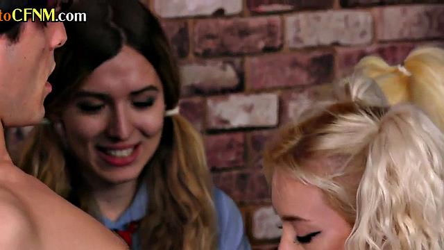 CFNM college ladies suck student's cock in meeting room