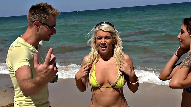 Latina group sex interview ends with a hot pussy licking & deep doggystyle cowgirl ride on the beach