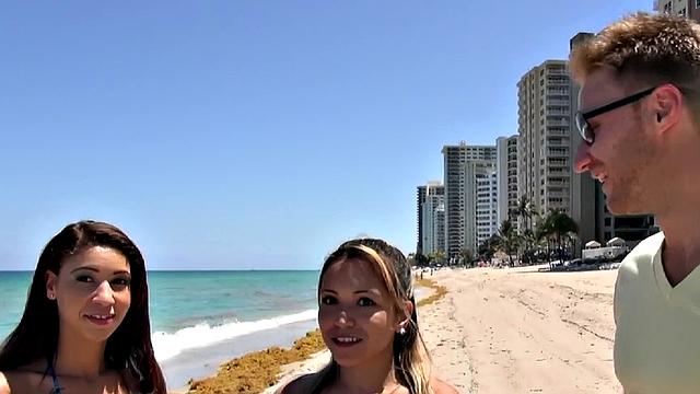Latina group sex interview ends with a hot pussy licking & deep doggystyle cowgirl ride on the beach
