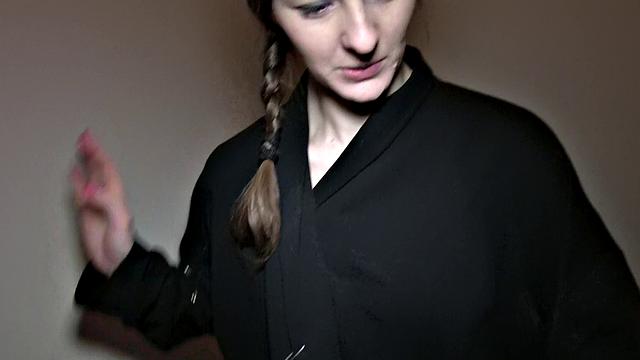 Russian beauty with pigtails bends over for cash & gets fucked in doggystyle POV