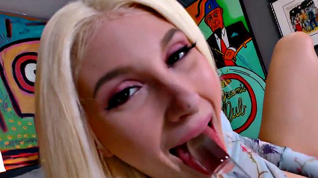 A blonde bombshell pleasure her pussy with a dildo before taking a hard BJ in POV