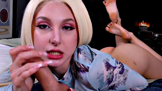 A blonde bombshell pleasure her pussy with a dildo before taking a hard BJ in POV
