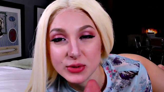 A blonde bombshell pleasure her pussy with a dildo before taking a hard BJ in POV