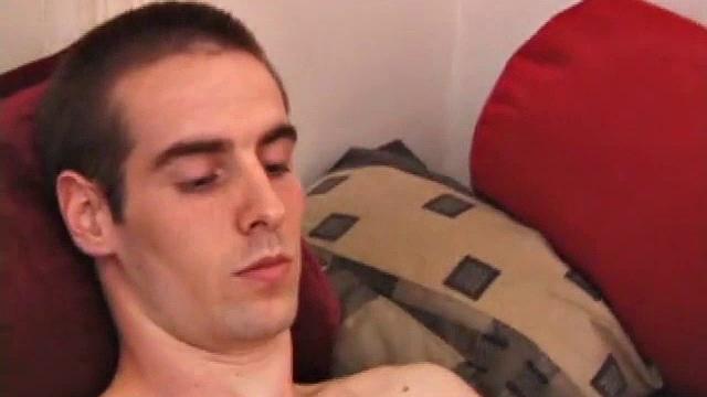 There's some good porn playing on the TV, so James Shafer decides to jack off. He pulls out his pierced dick and strokes it with determination, until he blows his warm cum load.