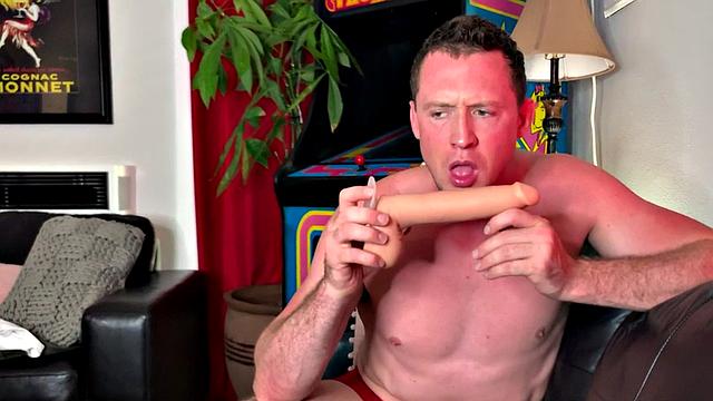 Mind controlled hunk toying asshole with a big dildo