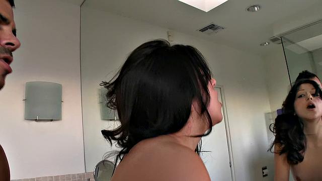 Watch this hot chick get her pussy and ass drilled in various positions while getting a cumshot in the bathroom