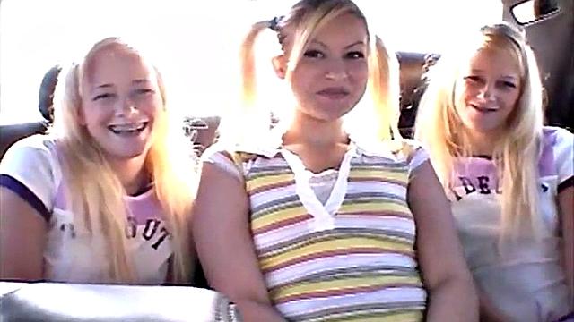 Twins Milton, 18, and blonde teen kiss and fuck in car for a wild lesbian threesome